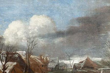 Фрагмент A winter landscape with figures in the foreground collecting wood skate