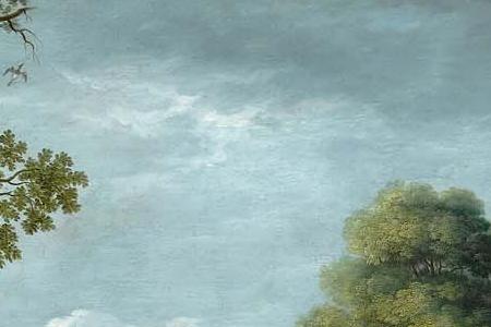 Фрагмент A wooded river landscape with boys fishing in the foreground