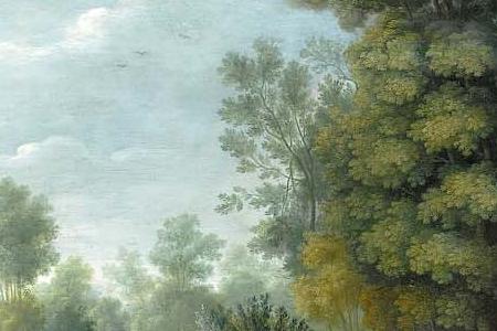 Фрагмент A wooded river landscape with boys fishing in the foreground