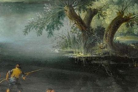 Фрагмент A wooded river landscape with boys fishing in the foreground