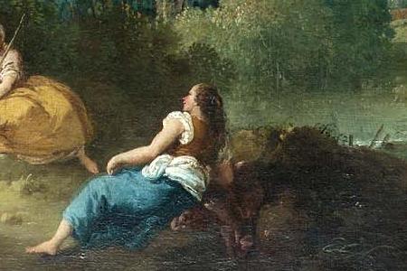 Фрагмент An Arcadian landscape with a goatherd serenading shepherdesses b- and mountains beyond