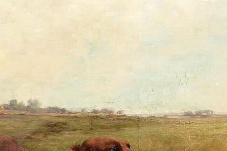 Фрагмент An English setter and an Irish setter in a landscape