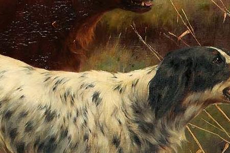 Фрагмент An English setter and an Irish setter in a landscape