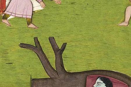 Фрагмент AN ILLUSTRATION FROM THE BHAGAVATA PURANA KRISHNA UPROOTING TREES India Kangra 1830