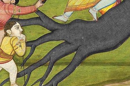 Фрагмент AN ILLUSTRATION FROM THE BHAGAVATA PURANA KRISHNA UPROOTING TREES India Kangra 1830