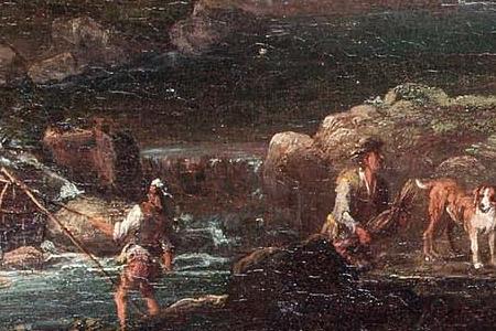 Фрагмент An Italianate landscape with travellers on a riverside path and a she- flock on the far bank