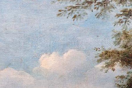 Фрагмент An Italianate landscape with travellers on a riverside path and a she- flock on the far bank