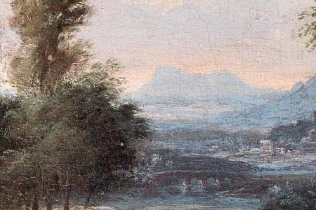 Фрагмент An Italianate landscape with travellers on a riverside path and a she- flock on the far bank
