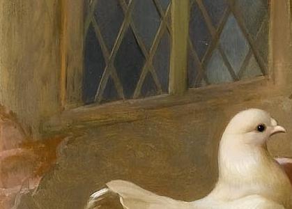 Фрагмент Chicken chicks and pigeons outside a cottage