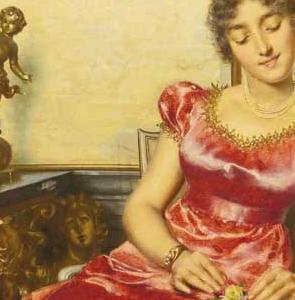 Фрагмент Дама в красном с букетом