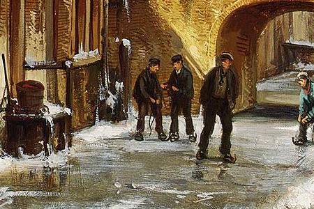 Фрагмент FIGURES ON A FROZEN CANAL IN A DUTCH TOWN