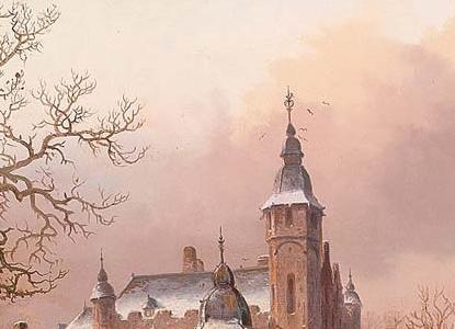 Фрагмент FIGURES ON A FROZEN WATERWAY A SNOW COVERED CASTLE