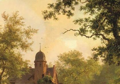 Фрагмент Figures on a sunlit path near a mansion 2