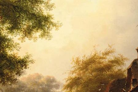 Фрагмент Figures on a sunlit path near a mansion