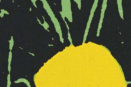 Фрагмент FLOWERS четыре желтых цветка на фоне светло зеленой травы