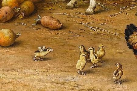 Фрагмент Goats chickens and chicks in a farmyard