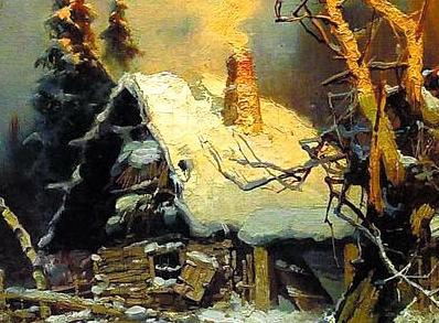 Фрагмент имний пейзаж с избушкой