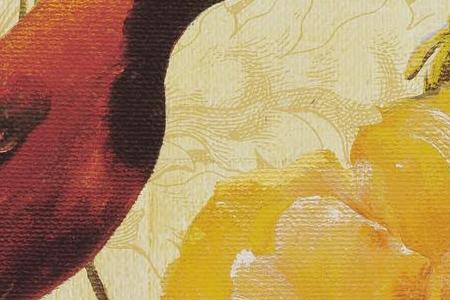 Фрагмент Красная птица в цветах в желтых тонах