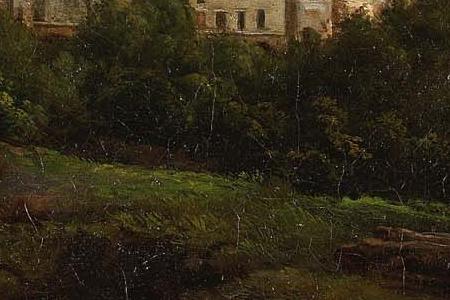 Фрагмент Mount Vesuvius with a village and ruins in the foreground