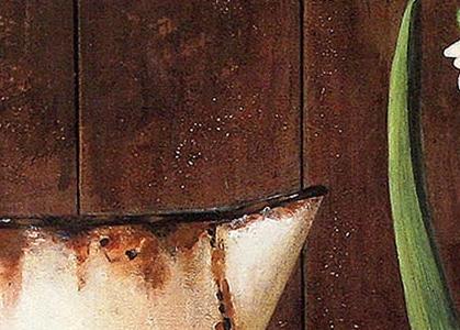 Фрагмент Натюрморт красный камод с белой металической кружкой