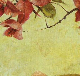 Фрагмент Натюрморт в салатовых тонах с красными цветами