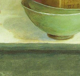 Фрагмент Натюрморт в салатовых тонах с красными цветами