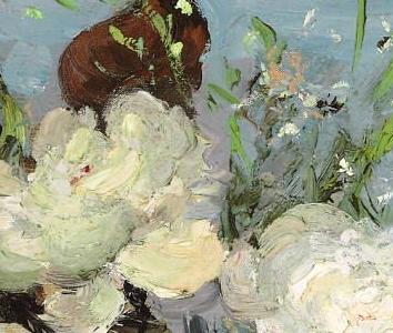 Фрагмент Пионы на голубом фоне