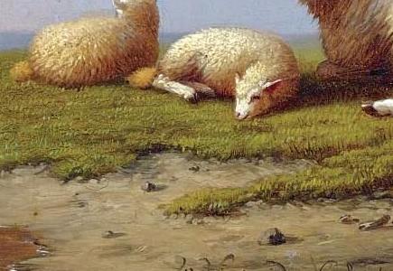 Фрагмент SHEEP RESTING WITH DUCKS IN A LANDSCAPE SHEEP AND CHICKENS