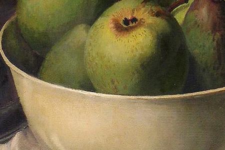 Фрагмент Still life of pears in a bowl apples on table with pewter pot
