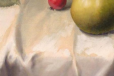 Фрагмент Still life of pears in a bowl apples on table with pewter pot