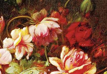 Фрагмент STILL LIFE WITH FLOWERS IN A JARDINIERE RESTING ON A LEDGE