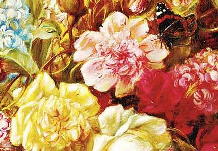 Фрагмент STILL LIFE WITH FLOWERS IN A JARDINIERE RESTING ON A LEDGE