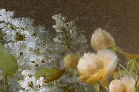 Фрагмент STILL LIFE WITH ROSES AND WHITE LILACS ON A TABLE