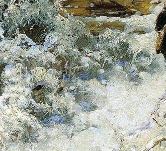 Фрагмент Зимний пейзаж с избушкой вечером