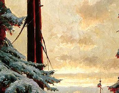 Фрагмент Зимний закат в еловом лесу