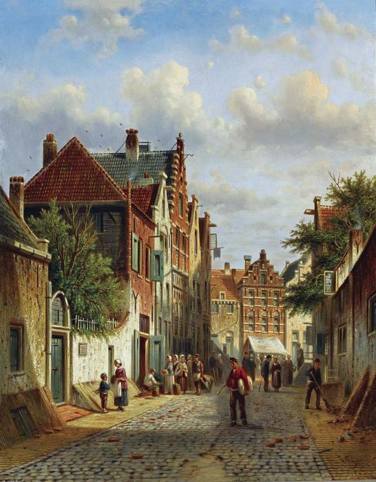 FIGURES IN THE SUNLIT STREETS OF A DUTCH TOWN