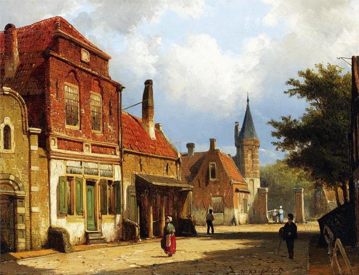 FIGURES IN THE SUNLIT STREETS OF A DUTCH TOWN