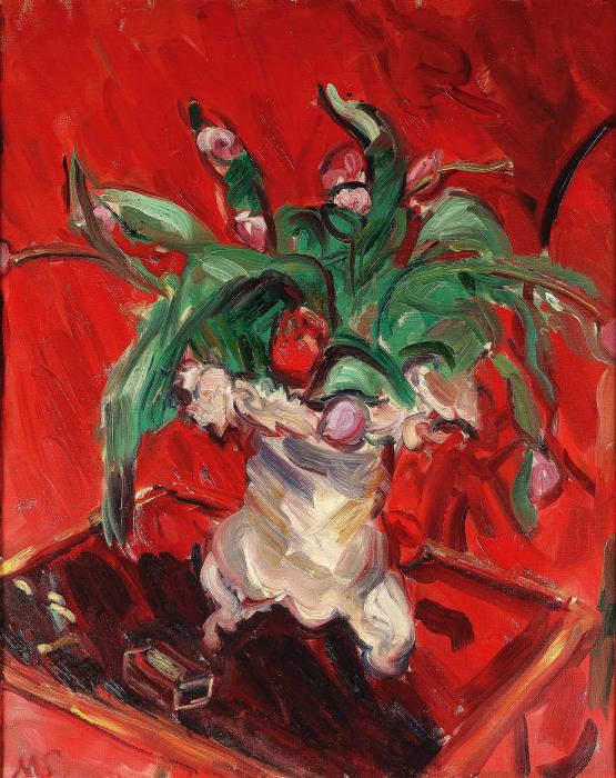 Flowers in a jug red background