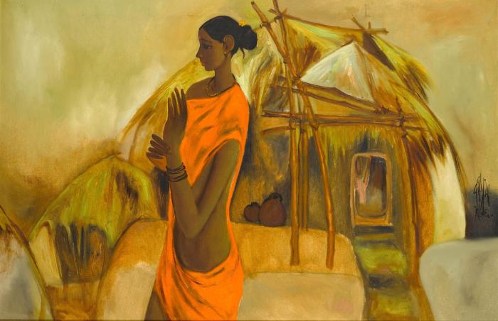 Girl standing by a hut