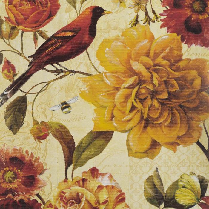 Красная птица в цветах в желтых тонах