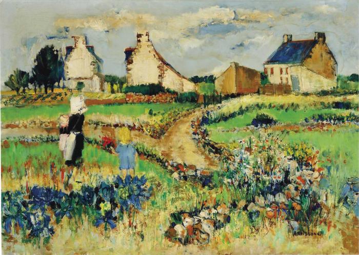 Mère et enfants dans un jardin