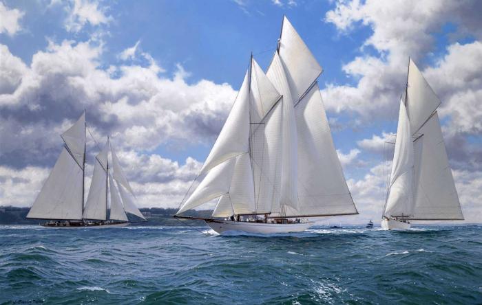 Meteor racing Waterwitch and Germania off Norris Castle, Isle of Wight