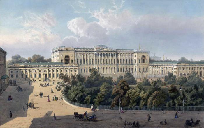 Mikhailovskaya square (Arts Square) and the Mikhailovsky Palace in St. Petersburg in the 19th century
