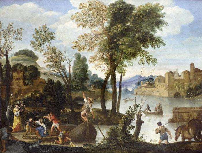 Naples A river landscape with elegant figures disembarking a ferry