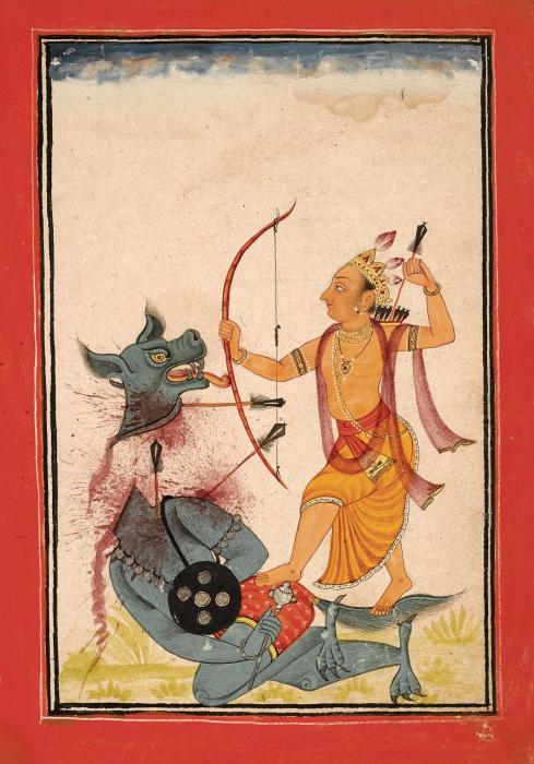 PARASHURAMA SLAYING THE BUFFALO DEMON INDIA BILASPUR CIRCA 1700