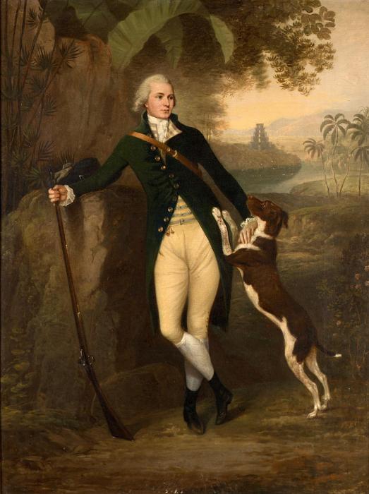 Portrait of a gentleman standing small full length in a green coat with cream- a spaniel at his side a view to a