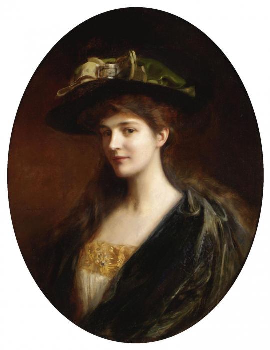 PORTRAIT OF A LADY WEARING A GREEN HAT
