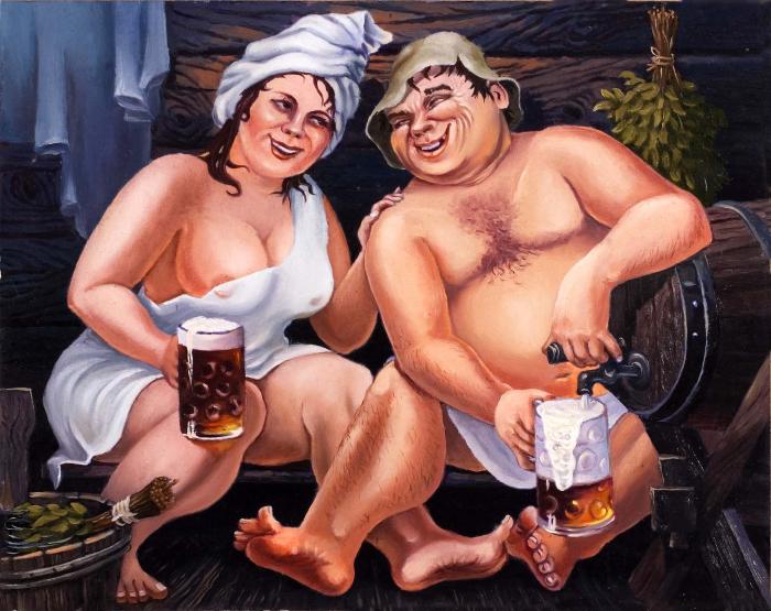 Семейная пара в бане с пивом