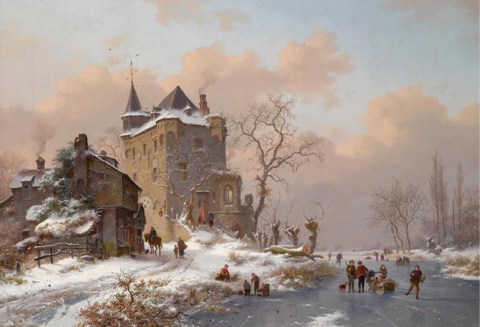 SKATERS NEAR A CASTLE ON A WINTRY DAY