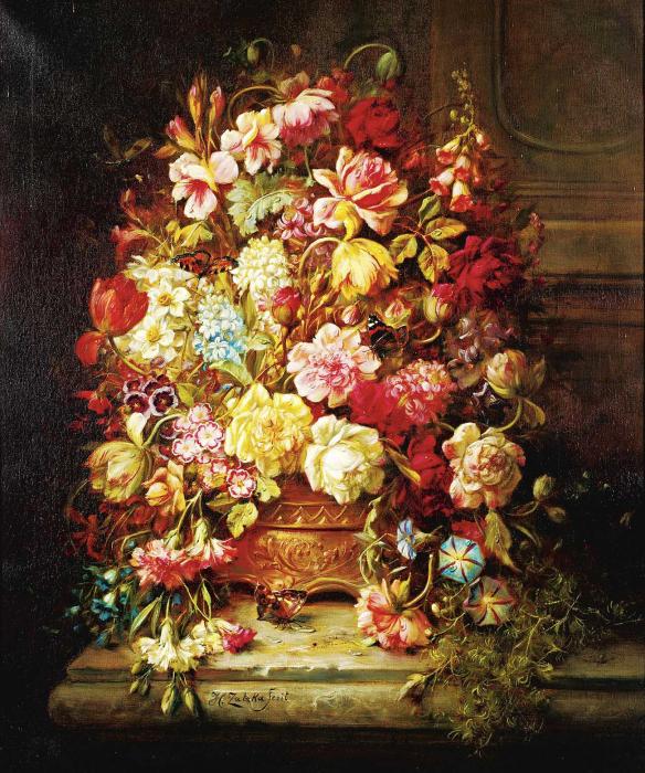 STILL LIFE WITH FLOWERS IN A JARDINIERE RESTING ON A LEDGE
